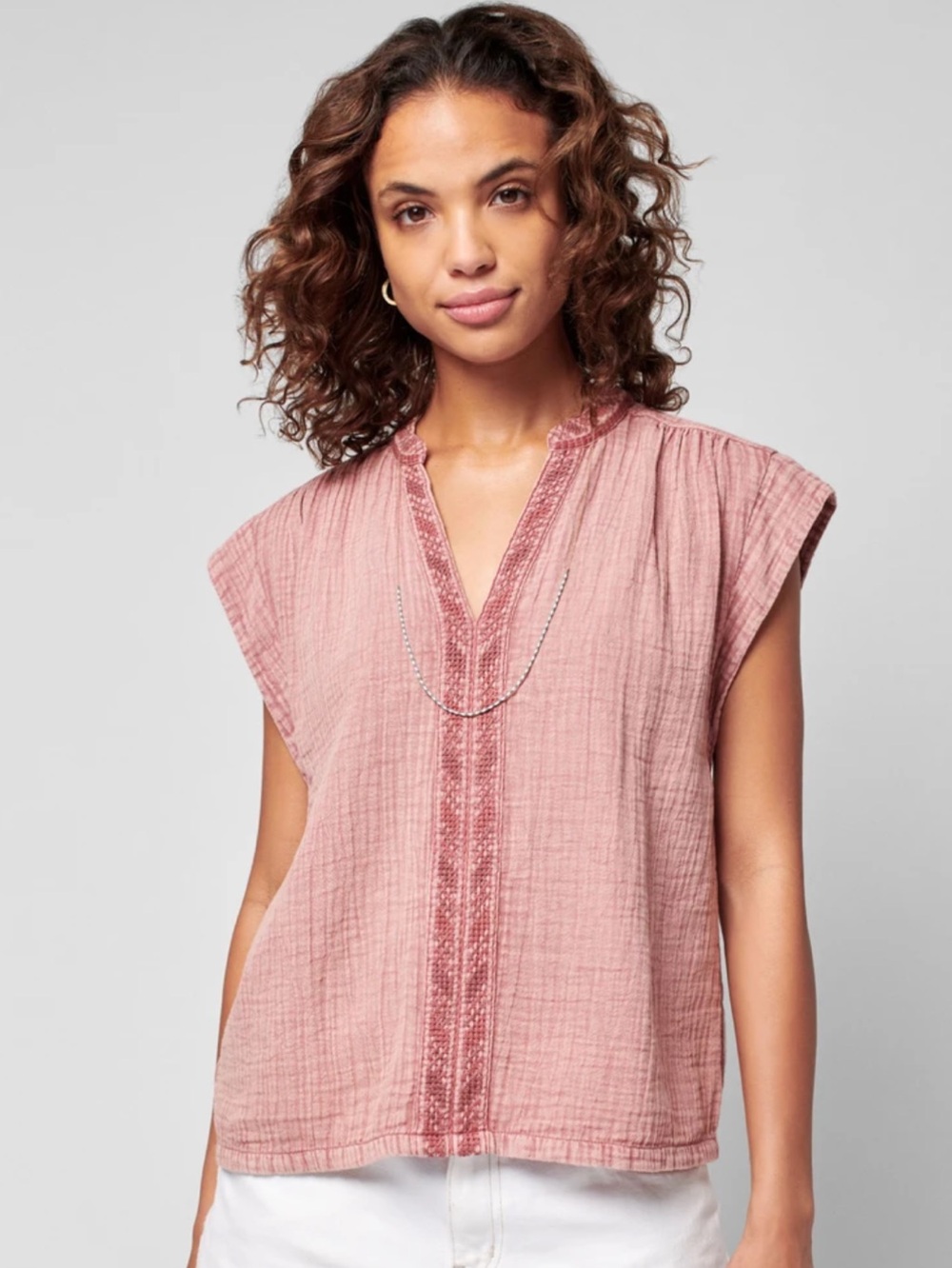 Faherty Organic Cotton Gauze Lucia Top Embroidered Braided Trim Dusty Rose XS
